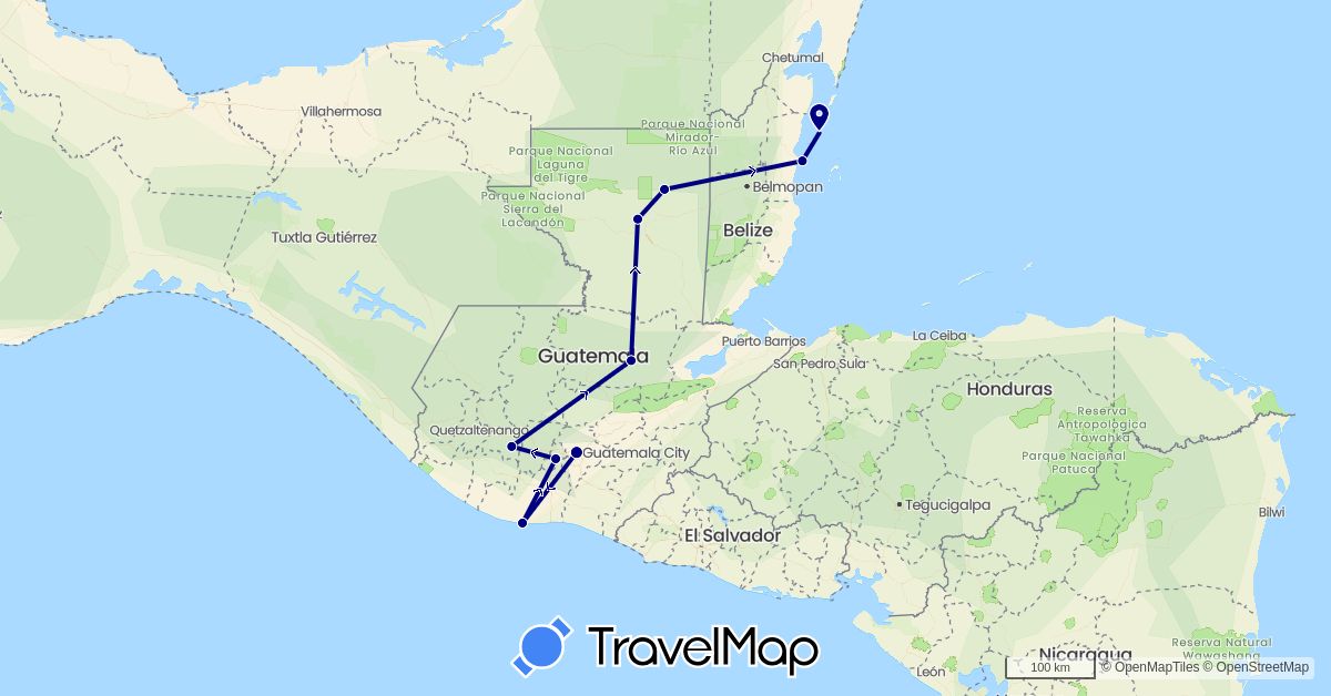 TravelMap itinerary: driving in Belize, Guatemala (North America)
